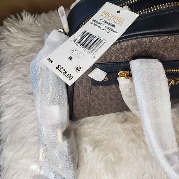 MICHAEL KORS Williamsburg Small MK Logo Satchel HandBag Brown Camel Gold NWT - Picture 7 of 7